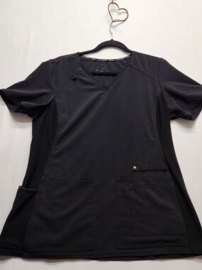 ⭐️Cherokee iFlex Scrub Top Black V-Neck Knit Side Panels Workwear Medical